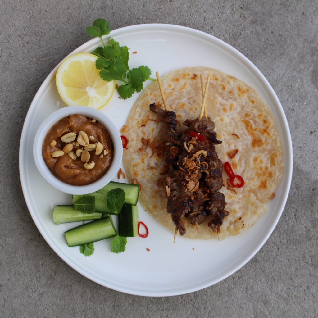 Quick Beef Satay with Cucumber Pickle & Roti