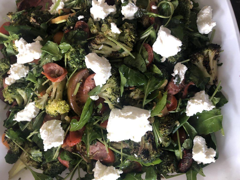 Charred broccoli salad with chorizo and goats cheese