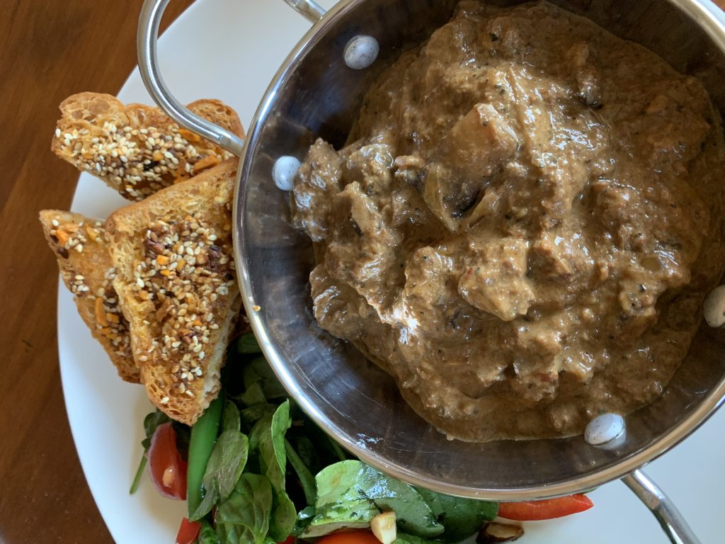 Garlic Braised beef with Dukkah toast