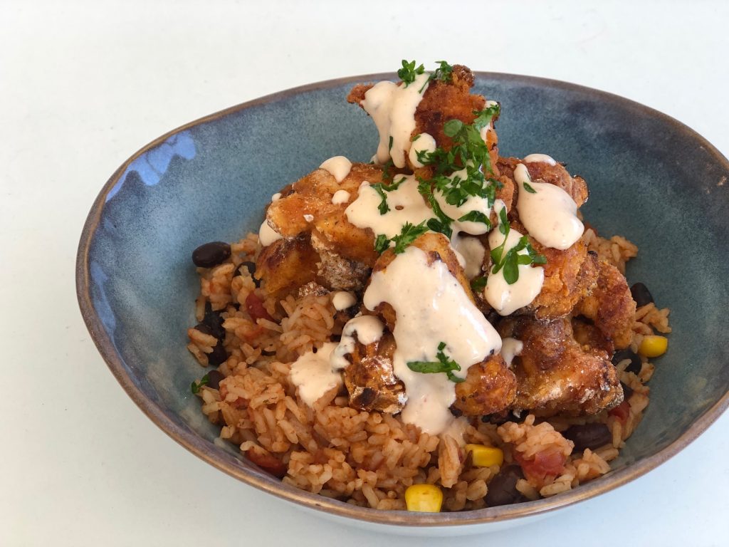 Unfried Popcorn Chicken with Rice and Beans