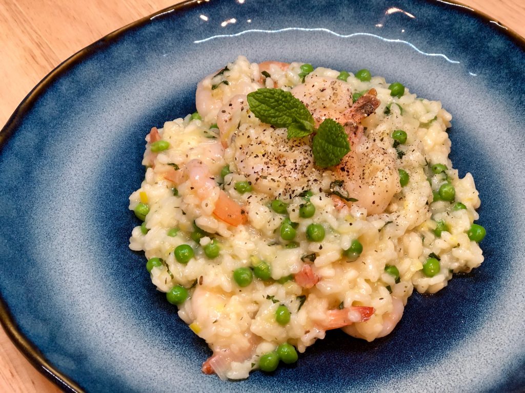Pea and Mint Risotto with Prawns