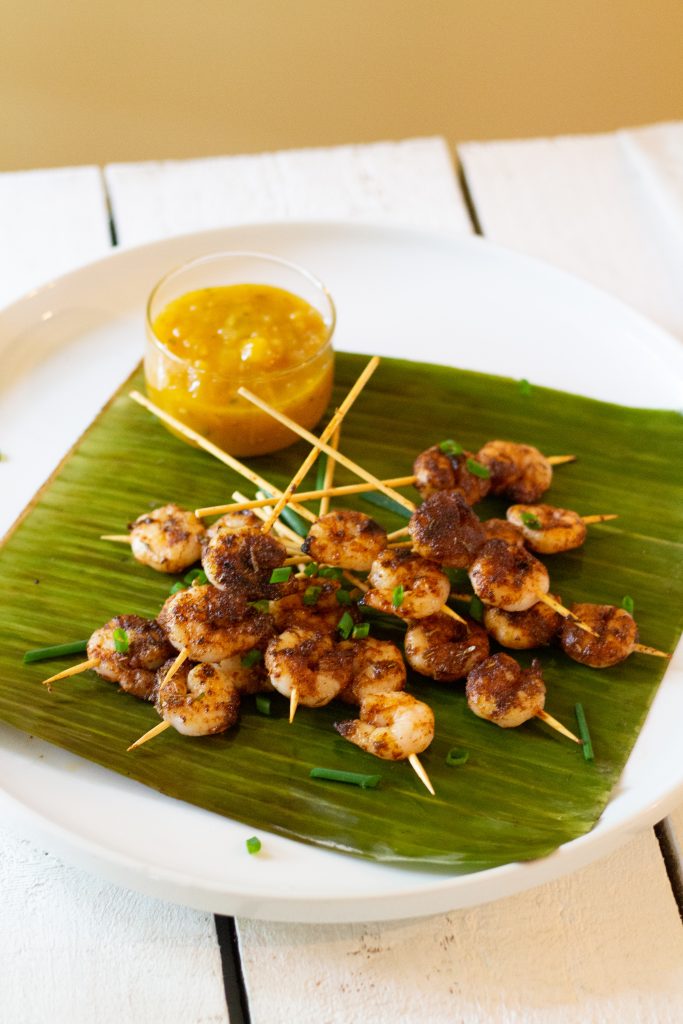 Jerk Prawns with Mango Tomatillo Salsa