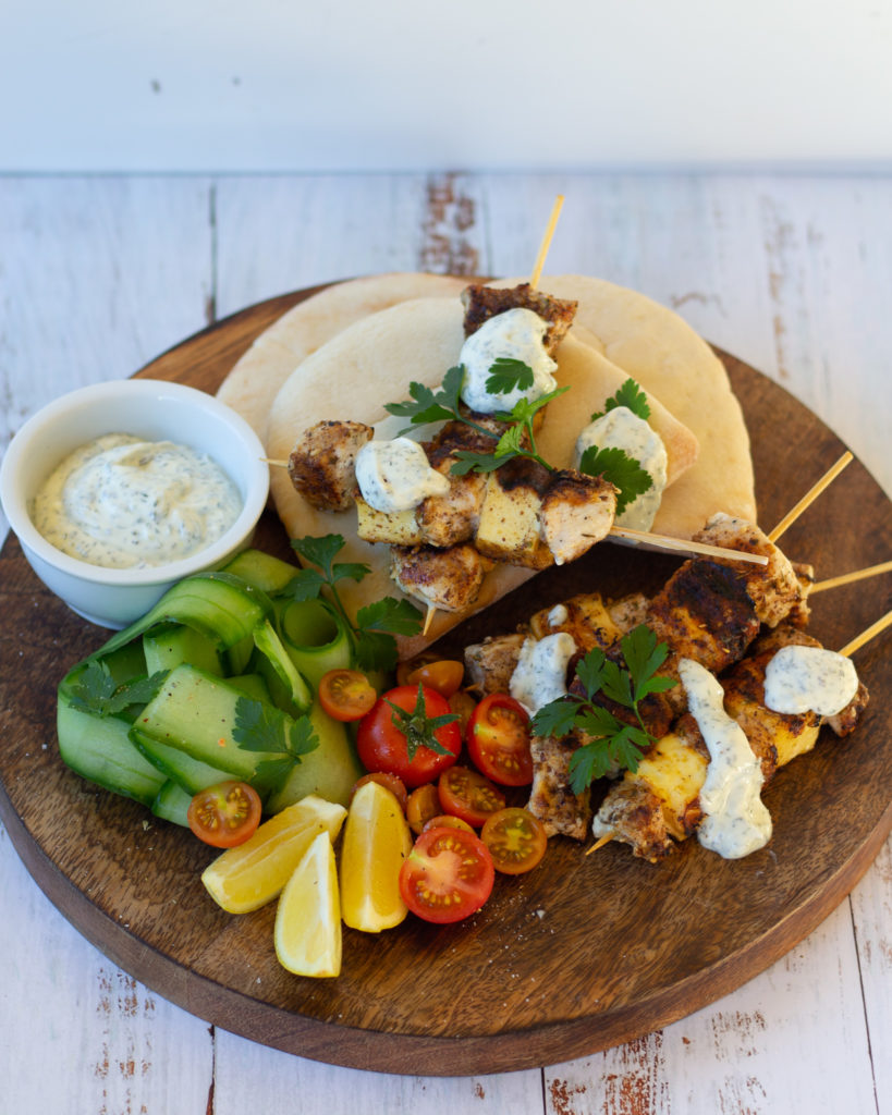 Za'atar Chicken & Haloumi Skewers with Tzatziki
