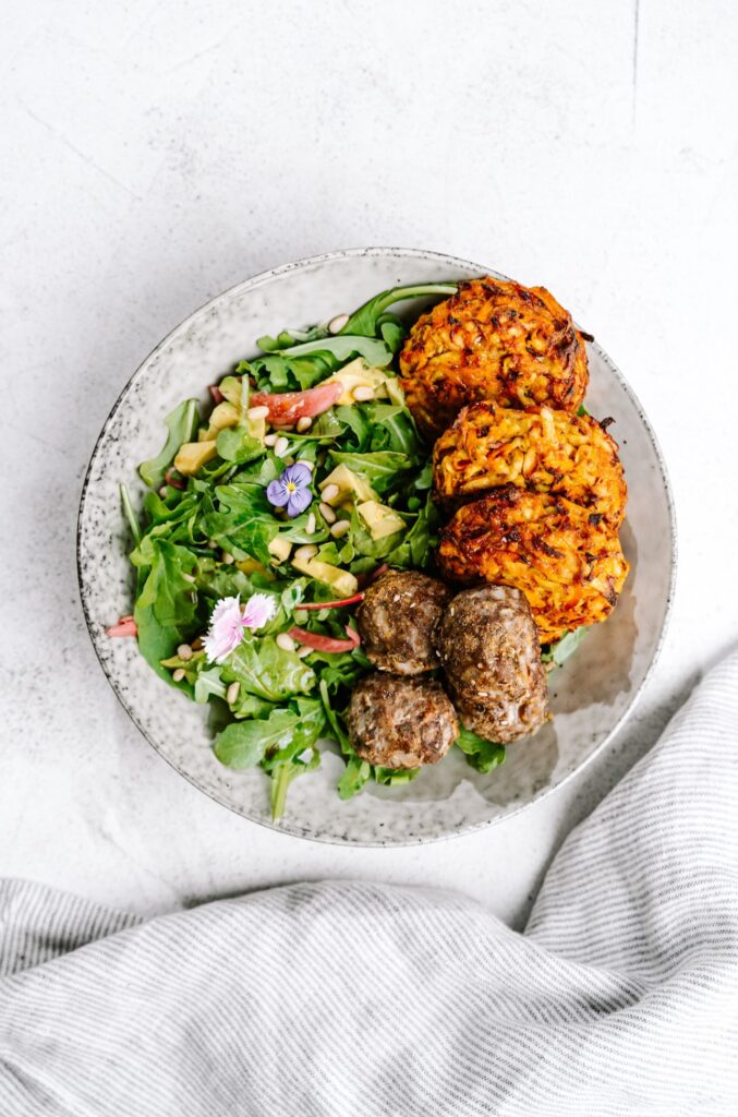 Zaatar Lamb meatballs with Kumura & Carrot rosti