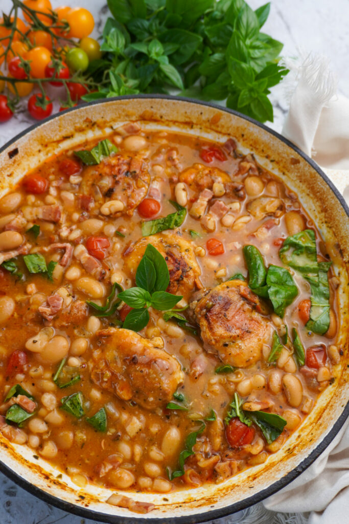 Tuscan Chicken, Bean & Bacon Bake