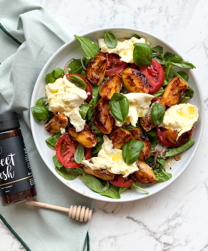 Peach, Hot Honey & Burrata Salad